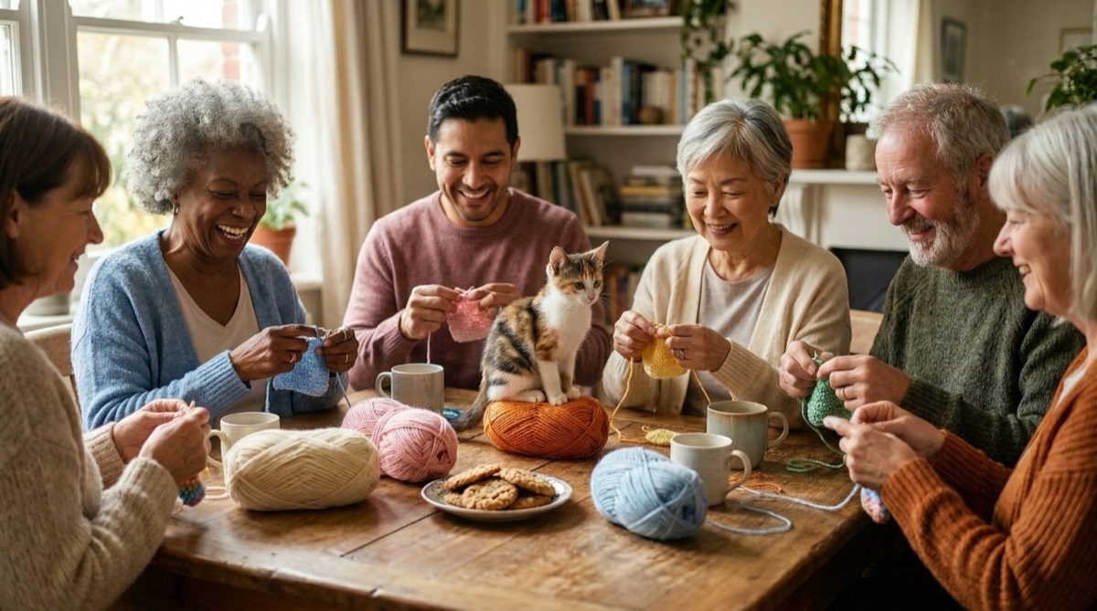 A few friends of different ages crocheting tiny kitten sweaters together around a sunlit table, with a calico kitten supervising among the yarn